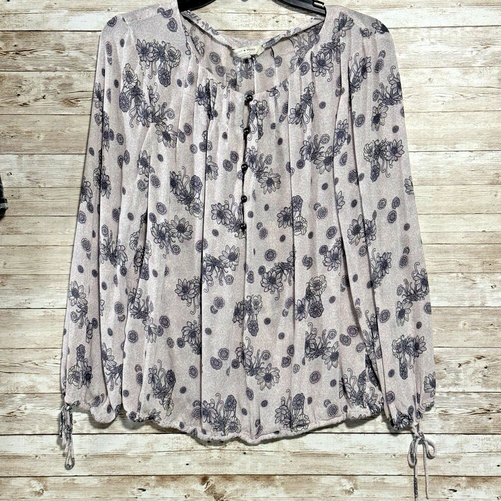 Lucky Brand Floral Peasant Blouse Top L Gray Purple Sheer Cottagecore Whimsigoth